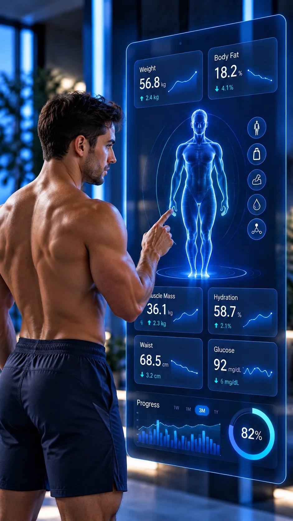 Man reviewing his body metrics on a digital screen